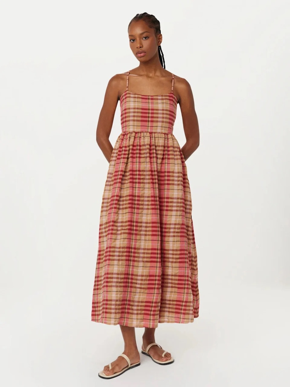 Frank & Oak Pink and Tan Plaid Maxi Dress